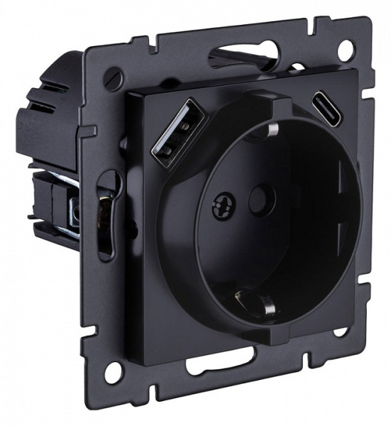 Розетка с заземлением и со шторкой и 2хUSB type A и C, без рамки Kollinger  REA-004BM