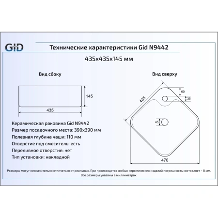 Раковина 43,5x43,5 см GID Simple N N9442