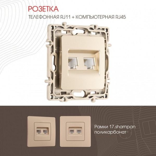 Розетка двойная RJ-11 и Ethernet RJ-45 без рамки Arte Milano am-217 217.44-1.shampan