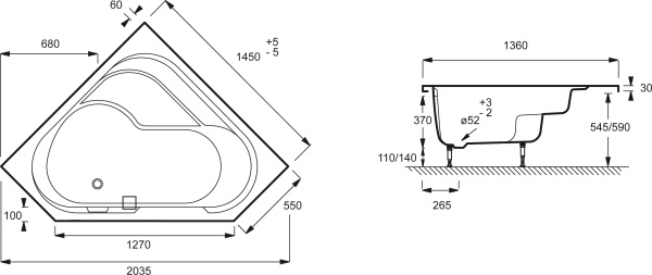 Акриловая ванна Jacob Delafon Bain Douche 145x145 E6222RU-00 левая