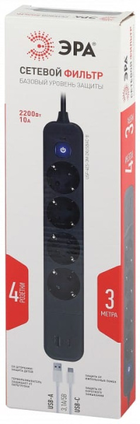 Удлинитель с выключателем Эра  USF-4es-3m-2xUSBAC-B