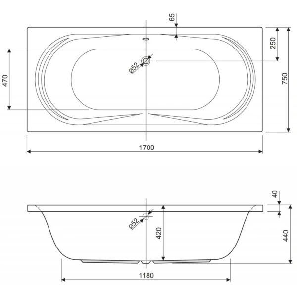 Акриловая ванна 170x75 см Cezares Amalfi AMALFI-170-75-45