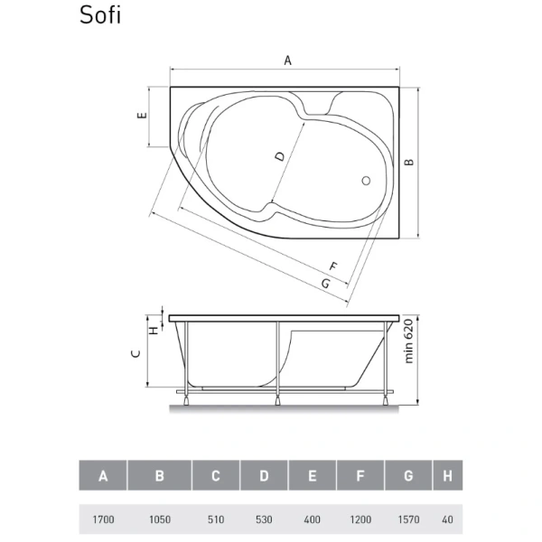 Акриловая ванна 170x105 см R Relisan Sofi GL000009445