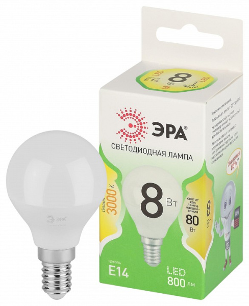 Лампа светодиодная Эра Green Line E14 8Вт 3000K LED P45-8W-830-E14 GL