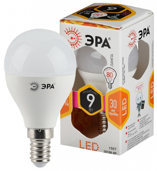 Лампа светодиодная Эра Стандарт E14 9Вт 2700K LED P45-9W-827-E14