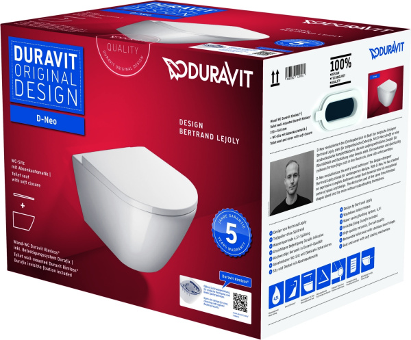 Подвесной унитаз Duravit D-Neo 45770900A1 Rimless с сиденьем с плавным закрыванием
