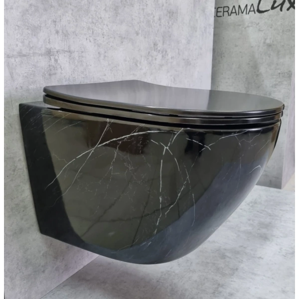 Унитаз подвесной CeramaLux 2212BM безободковый, с сиденьем микролифт, черный мрамор
