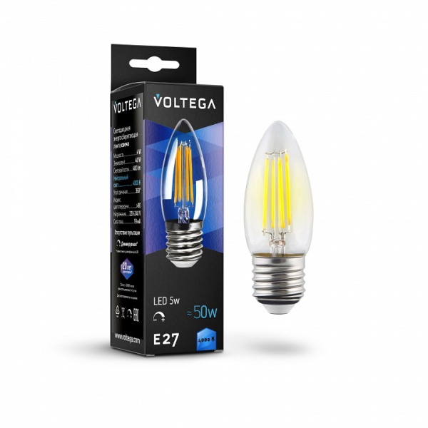 Лампа светодиодная Voltega свеча диммируемая (Candle dim) 5Вт E27 5Вт 4000K 8463