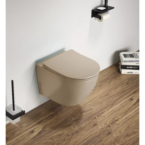 Унитаз подвесной CeramaLux 2197MC безободковый, с сиденьем микролифт, капучино матовый