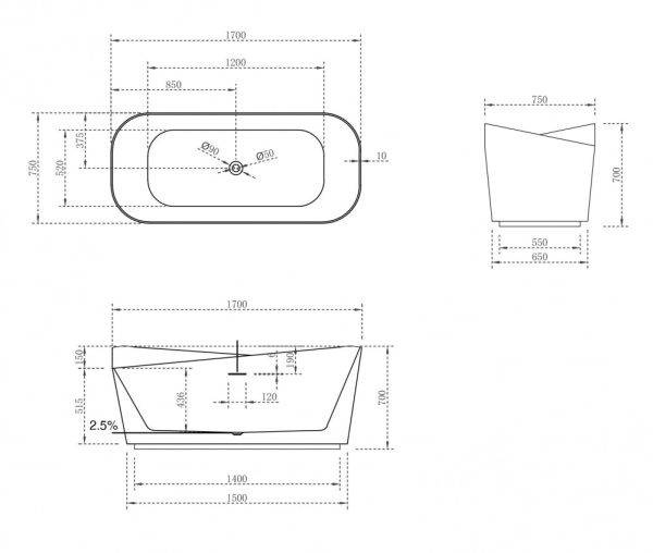 Ванна из искусственного камня Abber Stein 170x75 AS9609 белый матовый