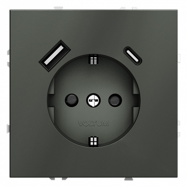Розетка с заземлением и со шторкой и 2хUSB type A и C без рамки Voltum S70 VLS040506