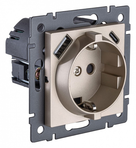 Розетка с заземлением и со шторкой и 2хUSB type A и C, без рамки Kollinger  REA-004GD