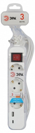 Удлинитель с выключателем Эра  UB-3es-3m-USB