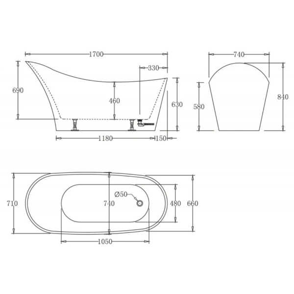 Акриловая ванна BelBagno BB64-1700 170x74 см, отдельностоящая, белый