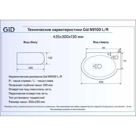 Раковина 43,5x30 см GID Simple N N9100R