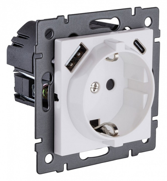 Розетка с заземлением и со шторкой и 2хUSB type A и C, без рамки Kollinger  REA-004WM