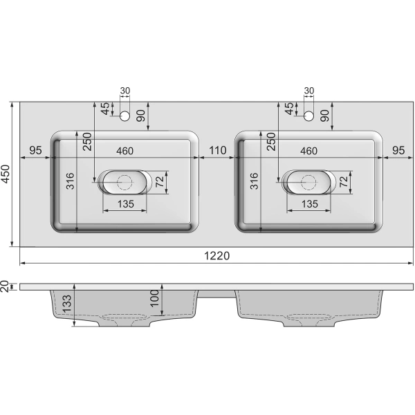 Раковина 122x45 см Jorno Modul Mol.08.120/W
