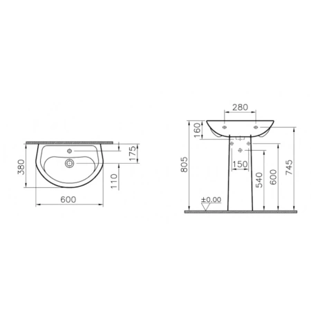 Раковина 60 см с пьедесталом Vitra Arkitekt 9601B003-7650