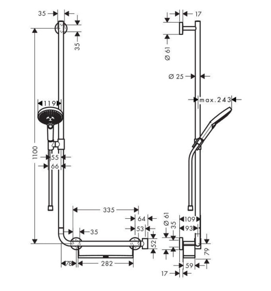 Душевой набор hansgrohe Raindance Select S 120 3jet 26324400 со штангой 110 см левосторонний
