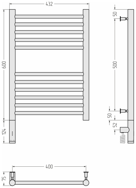 Электрический полотенцесушитель Сунержа Богема 3.0 прямая 600х400 7004-5804-6040 левый сигнальный серый