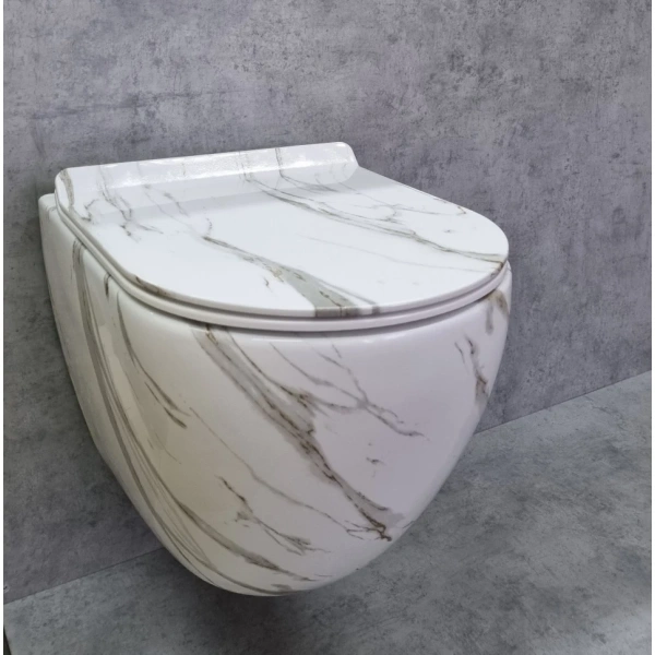 Унитаз подвесной CeramaLux 2213-K безободковый, с сиденьем микролифт, белый мрамор