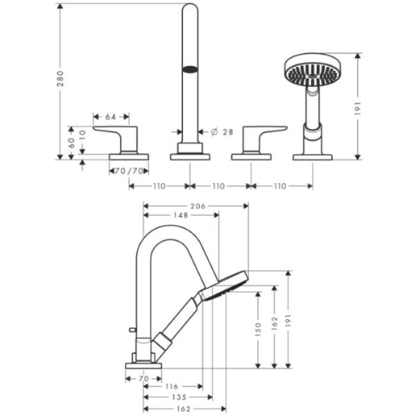 Смеситель для ванны Axor Citterio M 34444000 с душевым гарнитуром