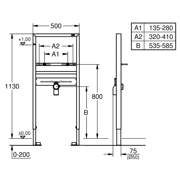 Монтажный элемент для раковины с одним отверстием под смеситель, 1130 мм Grohe Rapid SL 38557001