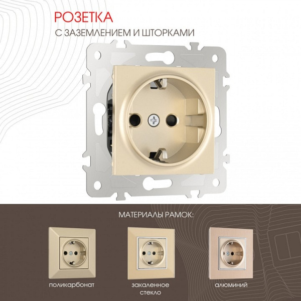 Розетка с заземлением и со шторкой без рамки Arte Milano am-203 203.40-1.shampan