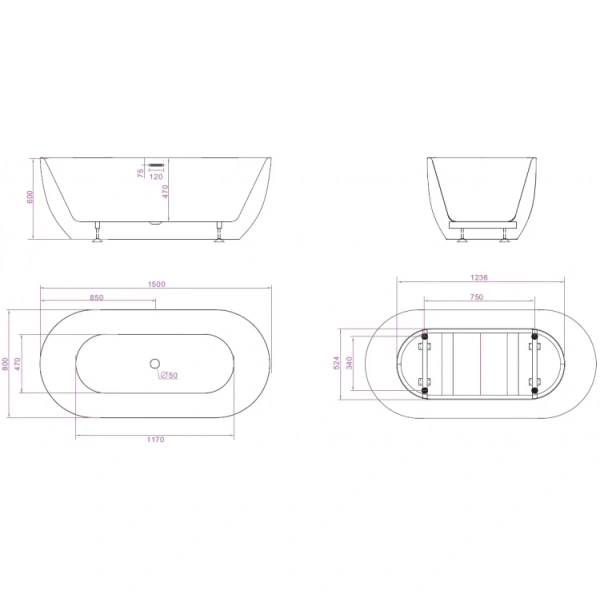 Акриловая ванна BelBagno BB70-1500-800-W/NM 150x80 см, отдельностоящая, черный матовый/белый