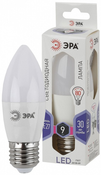 Лампа светодиодная Эра Стандарт E27 9Вт 6000K LED B35-9W-860-E27