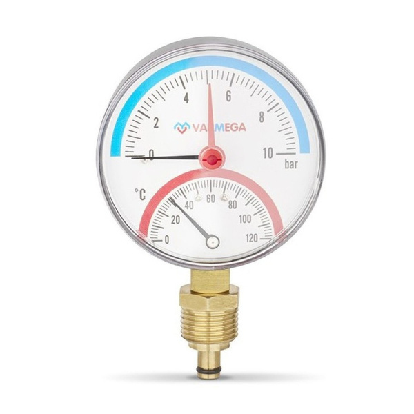 Термоманометр VARMEGA радиальный 80 мм, 10 бар, 120гр.С, 1/2", с отсекающим клапаном, VMMT07-801004