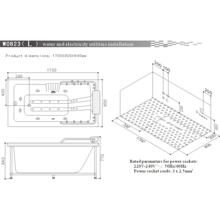 Акриловая гидромассажная ванна 170x80 см SSWW W0823L BH608F