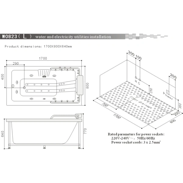 Акриловая гидромассажная ванна 170x80 см SSWW W0823L BH608F