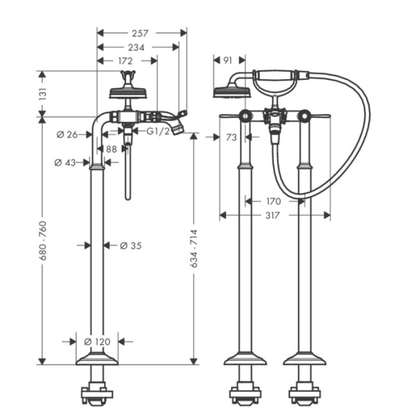Напольный смеситель для ванны Axor Montreux 16553820 с душевым гарнитуром шлифованный никель