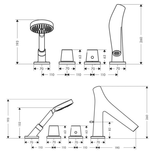 Внешняя часть термостата на борт ванны Axor Starck Organic 12426000 с душевым гарнитуром