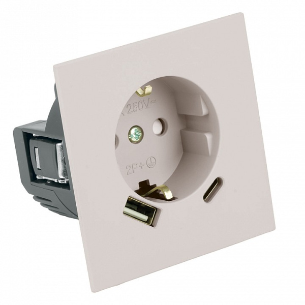 Розетка с заземлением и со шторкой и 2хUSB type A и C, без рамки Stekker Мия 50482