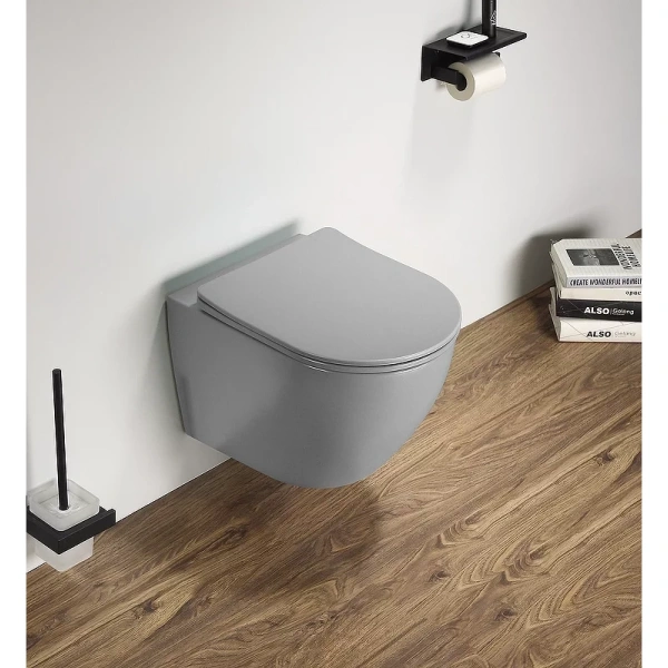 Унитаз подвесной CeramaLux 2197MH безободковый, с сиденьем микролифт, светло-серый матовый