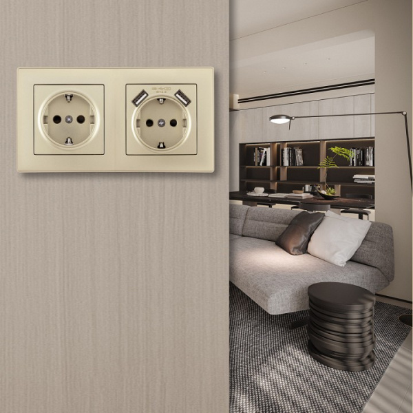 Розетка с заземлением и со шторкой и 2хUSB Arte Milano SET06-2 SET06-2-47-1-40-1 shampan