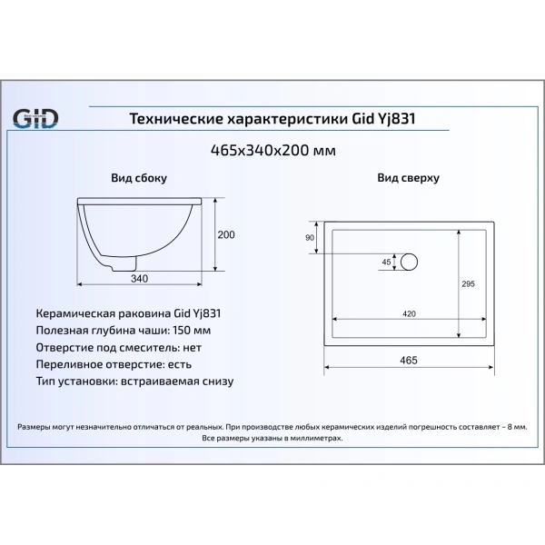 Раковина 46,5x34 см GID Simple N YJ831