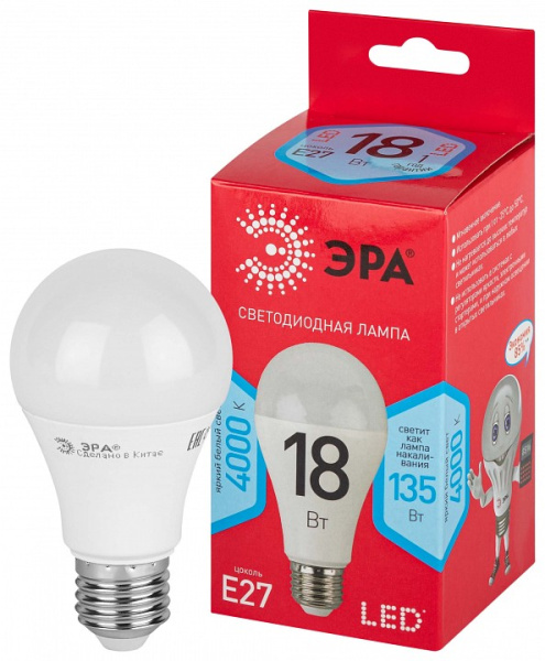 Лампа светодиодная Эра  E27 18Вт 4000K LED A65-18W-840-E27 R
