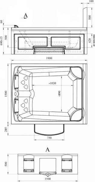 Гидромассажная ванна Радомир Римини 150х190 1-30-0-0-5-047С серый