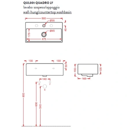 Раковина 50x27 см Artceram Quadro QUL001 01 00 bi