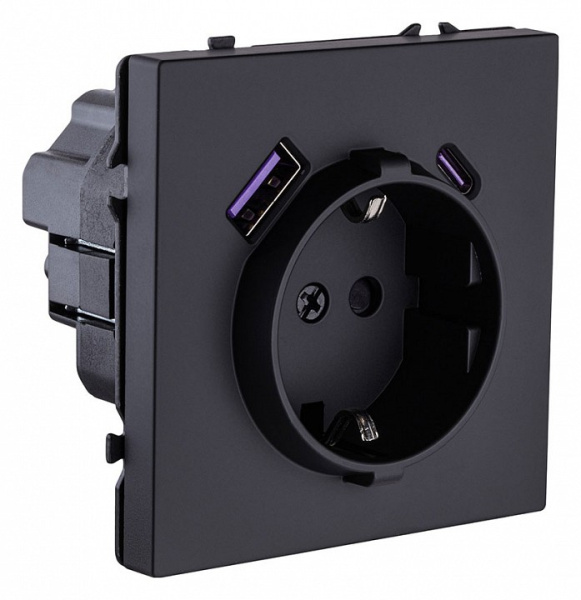 Розетка с заземлением и со шторкой и 2хUSB type A и C, без рамки Kollinger Eclipse EC-016BK