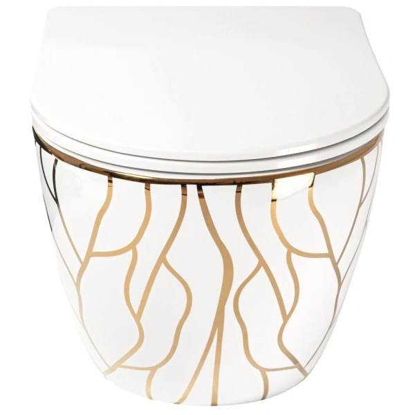 Унитаз подвесной Rea Carlos REA-C8767 безободковый, с сиденьем микролифт, белый/золото