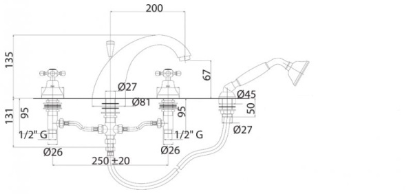 Смеситель на борт ванны Cezares Golf GOLF-BVD-03/24-Bi золото