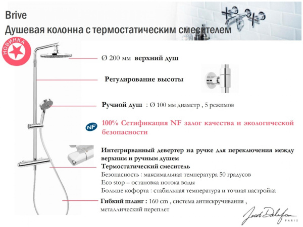 Душевая стойка Jacob Delafon Brive E24444-CP с термостатом