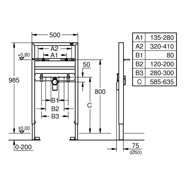 Монтажный элемент для раковины с одним отверстием под смеситель, 985 мм Grohe Rapid SL 38541000