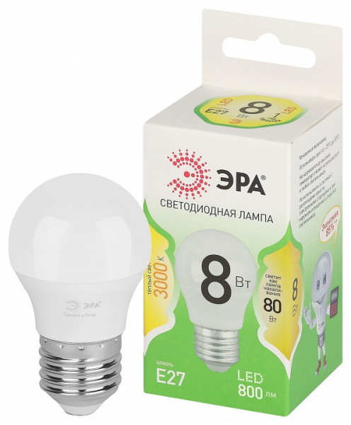 Лампа светодиодная Эра Green Line E27 8Вт 3000K LED P45-8W-830-E27 GL