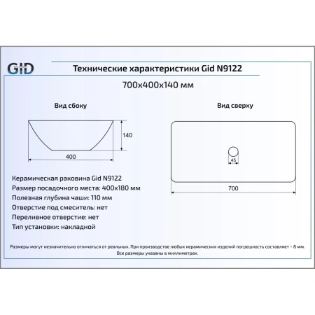 Раковина 70x40 см GID Simple N N9122