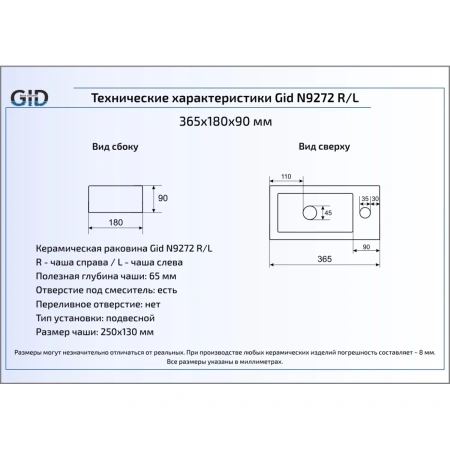 Раковина 36,5x18 см GID Simple N N9272R